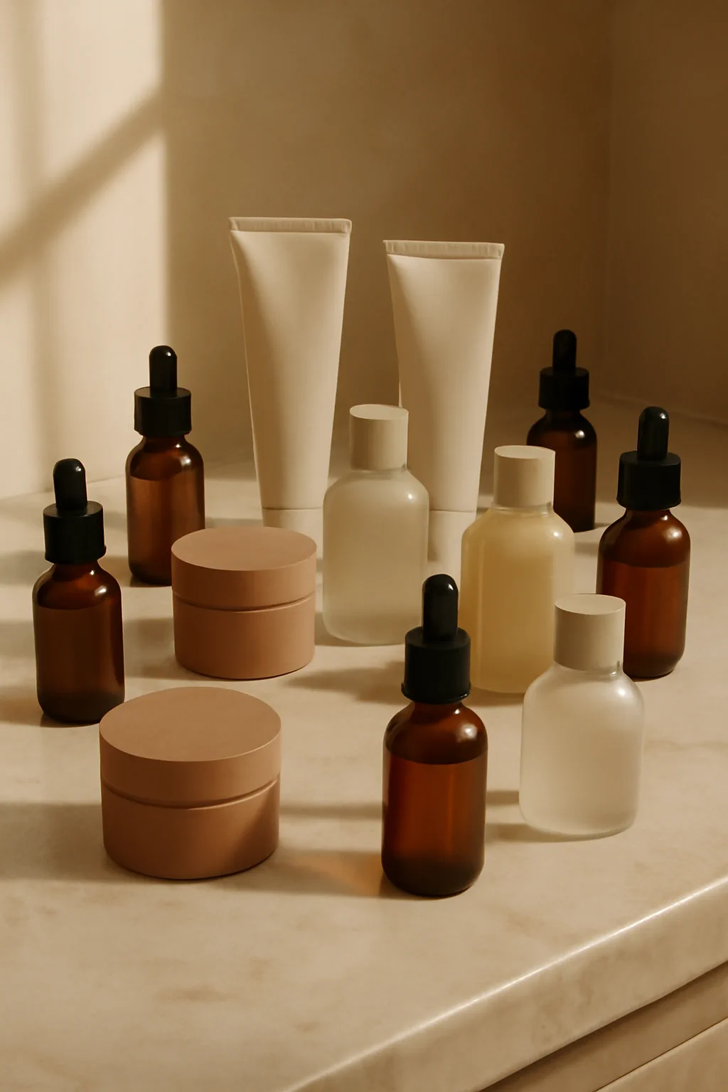 Cluttered marble vanity with a dozen unbranded skincare vessels