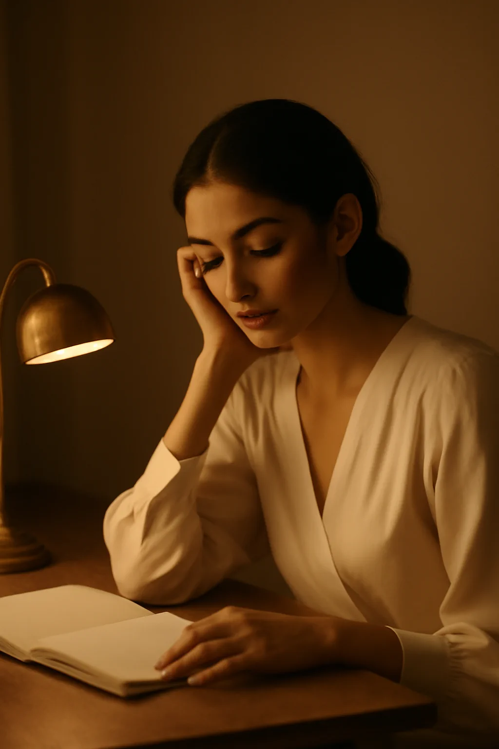 Modern professional at a warmly-lit desk, subtle fatigue on her face