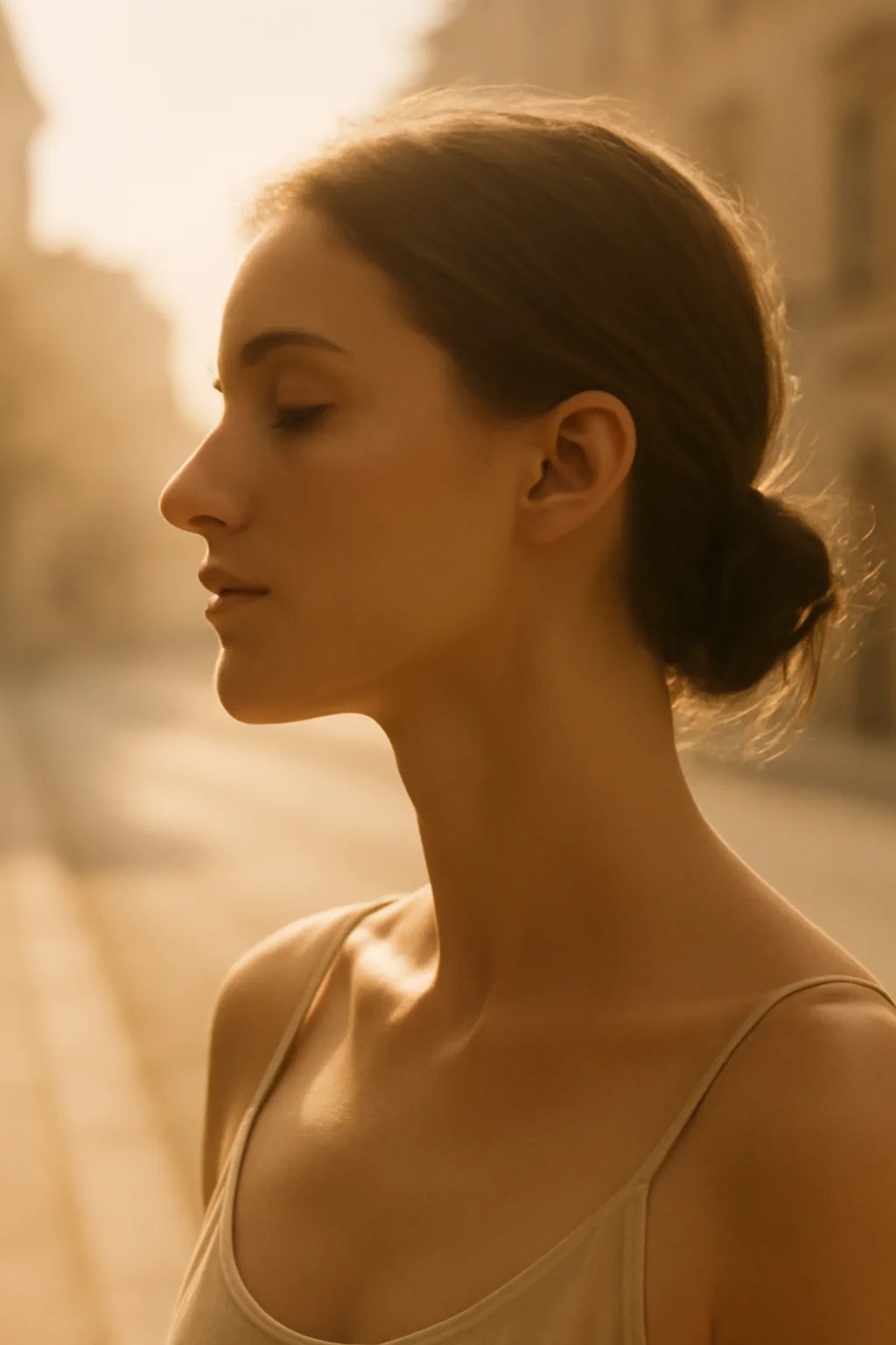 Profile portrait in warm hazy golden-hour urban light